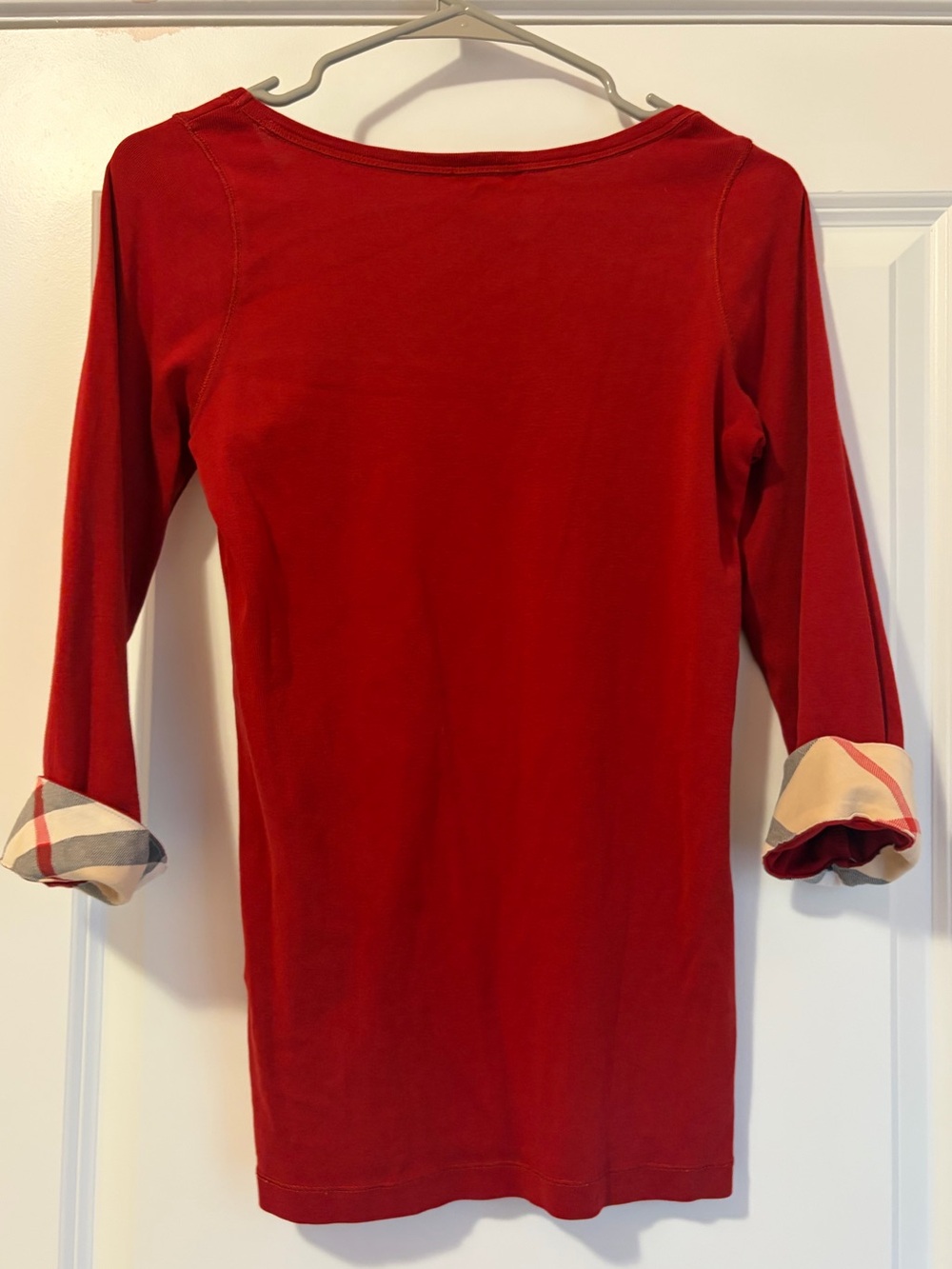Burberry Brit Red Scoop Neck Top Plaid Cuffs Size M - Picture 5 of 6